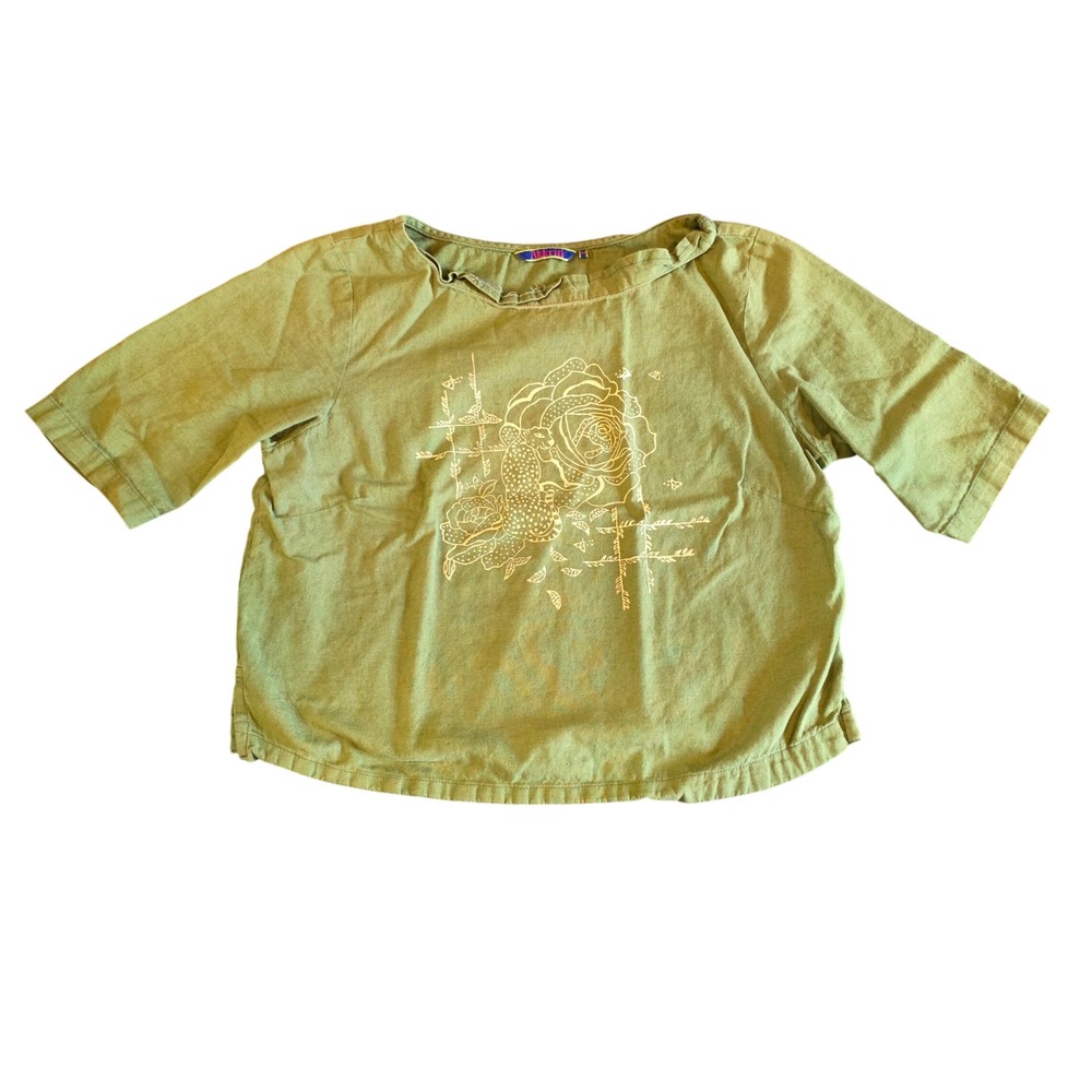 Akkriti Olive Green Floral Leopard Graphic Cotton Boxy Top Blouse Medium